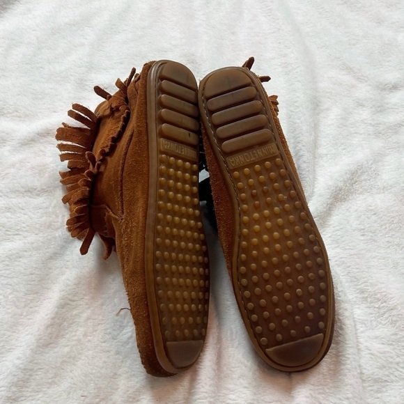 Minnetonka Double Fringe Suede Moccasin Booties Leather Brown Women’s 9 Zip Up - Picture 6 of 9
